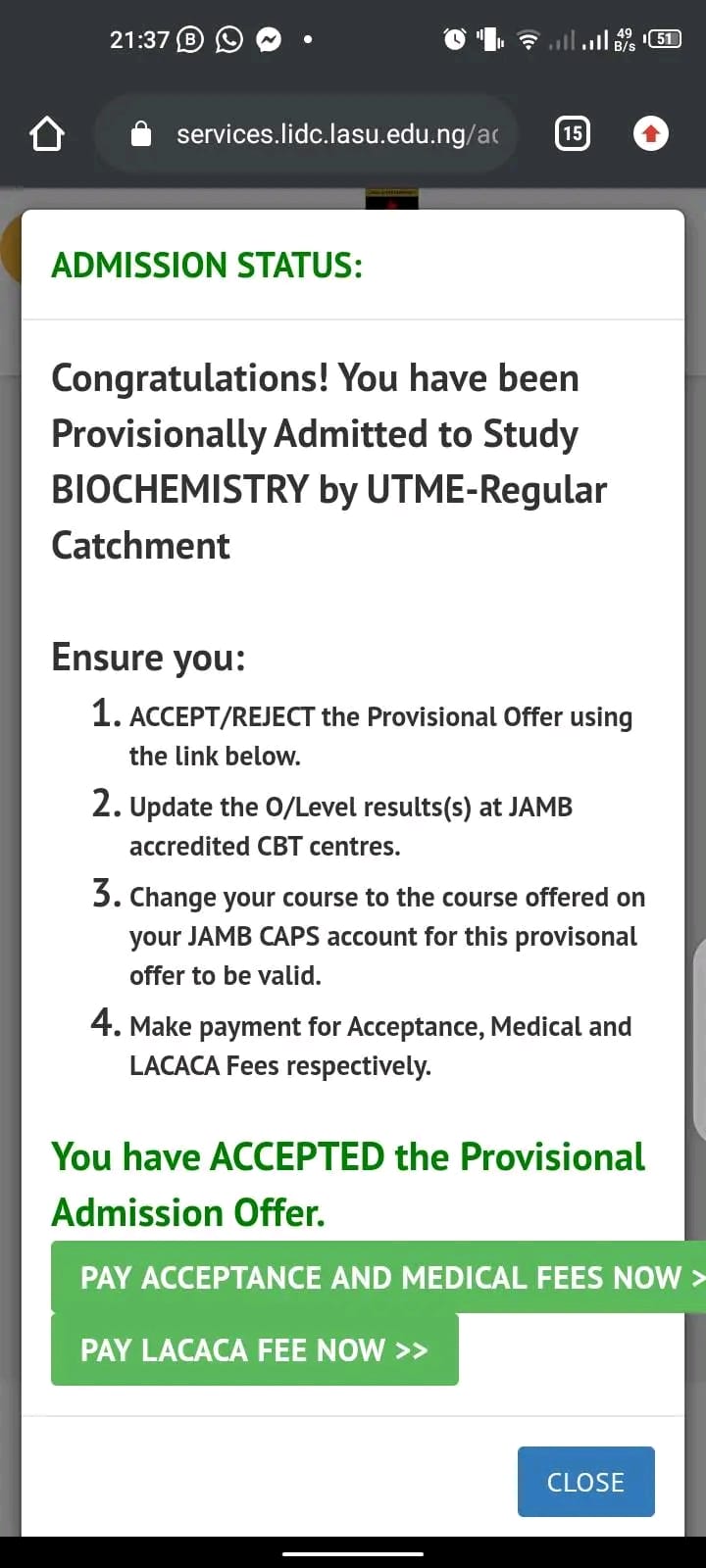 Lasu acceptance fee and medical fee, lasu school fees