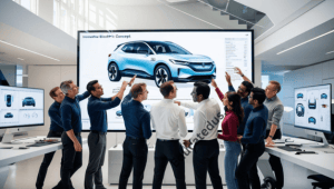 Professional automotive designers collaborating on electric vehicle concept development in modern design studio